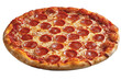 © masud - Round pepperoni pizza with melted cheese, red sauce, and crusty edge, isolated.