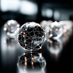 Fototapete - Global Network Connectivity: Abstract World Globe with Interconnected Nodes and Data Visualization on a Reflective Surface.