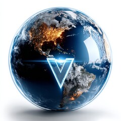 Aufkleber - Global Network: Planet Earth with a Neon 'V' Overlay, Representing Modern Connectivity and Technological Advancement