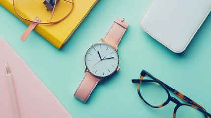 Pastel-colored accessories and stationary displayed on a flatlay.