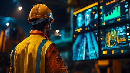 engineer programming a robotic machine in a factory, with digital displays showing real-time data an