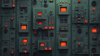 Control panel with red glowing screens and buttons