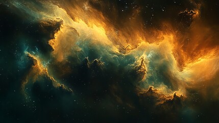 a vibrant nebula with swirling clouds of gold and teal against a starry night sky background