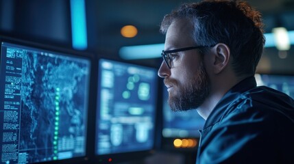 Man intently monitors digital map on computer screens