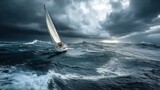 Stormy Sea Adventure. Sailboat battling rough waves under dark clouds. Represents human resilience against nature’s fury