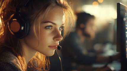 Young woman with headset focused on computer screen coding