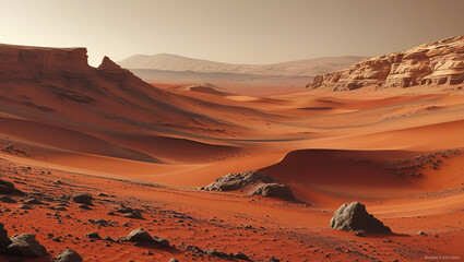 Wall Mural - landscape on planet Mars, scenic desert scene on the red planet