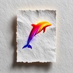 Aufkleber - Rainbow Dolphin Illustration on Handmade Paper, Aquatic Mammal Art with Watercolor Effect