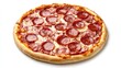 © Hope - Pepperoni. Homemade Italian pizza with cheese and sausage close-up on a wooden board. Isolated.