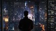 © Danang - Man silhouetted against a stunning nighttime cityscape viewed from a skyscraper window.