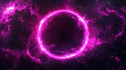 Wall Mural - Pink glowing ring, surrounded by nebulae, against a star-filled cosmic backdrop