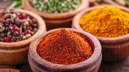 Poster - Colorful Assorted Spices in Wooden Bowls Ready for Cooking and Flavor Enhancement : Generative AI