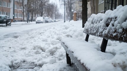 Poster - Snow Covered Park Bench and Street during a Heavy Winter Storm : Generative AI