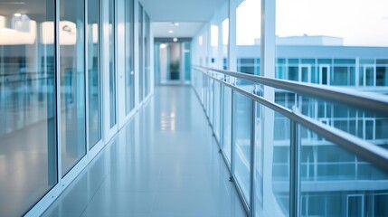 Fototapete - Calm and Contemporary Hallway with Glass Walls and Soft Blue Light at Dusk : Generative AI