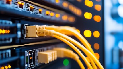 Fototapete - Close Up of Yellow Network Cables Connected to Servers with Lights : Generative AI