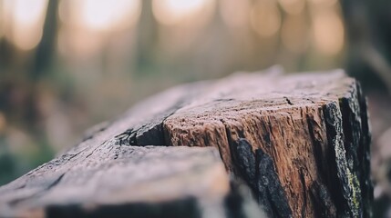 Poster - Natural rustic wooden log with soft bokeh background in serene forest lighting : Generative AI