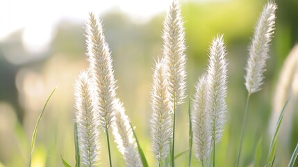 Fototapete - Delicate fluffy grass flower heads glowing in the warm sunlight of spring : Generative AI
