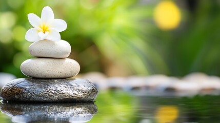 Fototapete - Tranquil spa setting with stacked stones and white flower for relaxation and meditation on still water : Generative AI