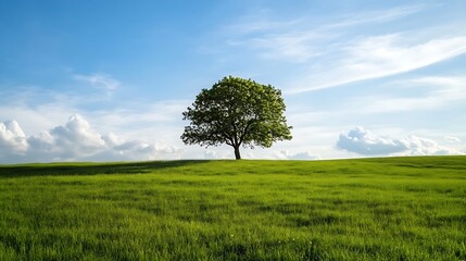 Poster - Lone Green Tree on a Rolling Grass Hill Under Clear Blue Sky : Generative AI