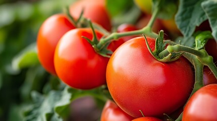Poster - Close Up of Ripe Red Tomatoes on Vine Fresh Healthy Produce in Natural Light : Generative AI