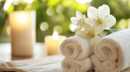 Aufkleber - Soft towels with white flowers and candles placed in a serene spa setting : Generative AI