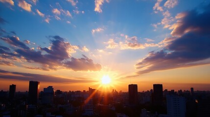Poster - Stunning sunset viewing city skyline with dramatic clouds and rays of sunlight : Generative AI