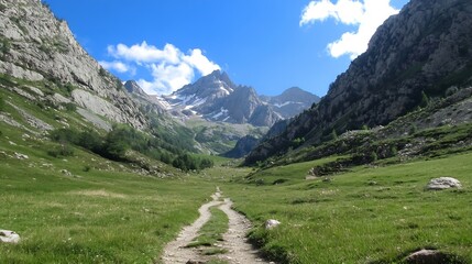 Aufkleber - Breathtaking Scenic Valley with Mountains and Lush Green Landscape Under Clear Blue Sky : Generative AI