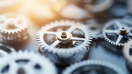 Leinwandbilder - Close up of intricate gears and cogs in mechanical machinery with sunlight reflection : Generative AI