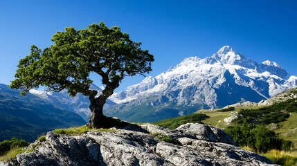 Poster - Lone Oak Tree Majestically Overlooking Snowy Mountains in Clear Blue Sky : Generative AI