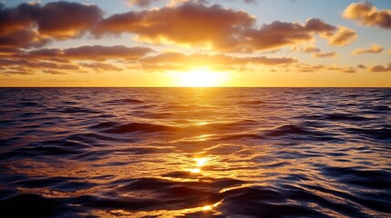 Poster - Serene Ocean Sunset Over Calm Water with Reflective Waves and Cloudy Sky : Generative AI