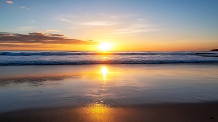 Aufkleber - Beautiful Ocean Sunset with Golden Reflections on Tranquil Beach Waves : Generative AI