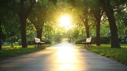 Poster - Sunlight Filtering Through Trees in a Peaceful Park Pathway : Generative AI