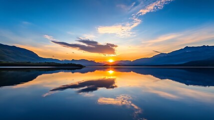 Poster - Stunning sunrise over a calm lake reflecting the colorful sky and mountains in the background : Generative AI