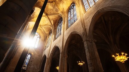 Poster - Gothic Architecture with Sunlight Streaming Through Stained Glass Windows Inside a Majestic Cathedral : Generative AI