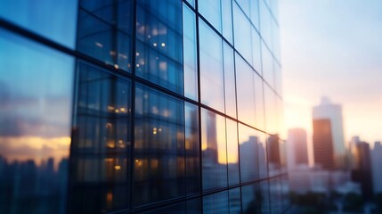 Poster - Modern Cityscape with Reflective Glass Buildings at Sunset : Generative AI