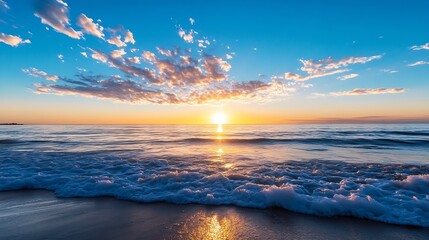 Aufkleber - Stunning beach sunset with colorful clouds illuminating the tranquil ocean waves : Generative AI