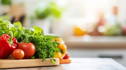 Poster - Fresh organic vegetables on a wooden cutting board with natural sunlight : Generative AI