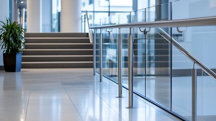 Poster - Modern Commercial Space Featuring Sleek Staircase and Glass Railings for Professional Aesthetics : Generative AI