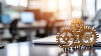 Fototapete - Golden Gears on the Table for Business and Innovation Concepts in Modern Office : Generative AI
