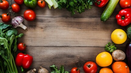 Poster - Fresh Organic Vegetables Arranged on Wooden Table for Healthy Cooking and Eating : Generative AI