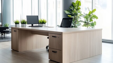 Fototapete - Minimalist Office Desk Setup with Computer and Indoor Plants in Bright Room : Generative AI