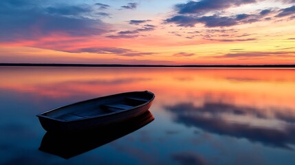 Aufkleber - Serene Sunset Reflection over Calm Lake with Lonely Boat Silhouetted : Generative AI