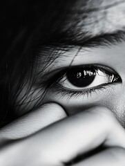 Aufkleber - Close Up Emotional Black and White Portrait of a Woman with Big Sad Eye : Generative AI