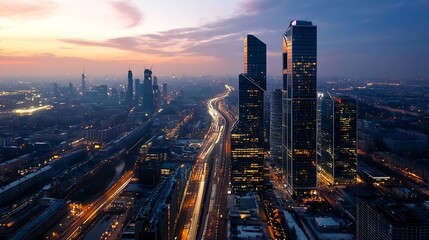 Poster - Breathtaking Cityscape at Dusk with Modern Skyscrapers and Busy Streets : Generative AI