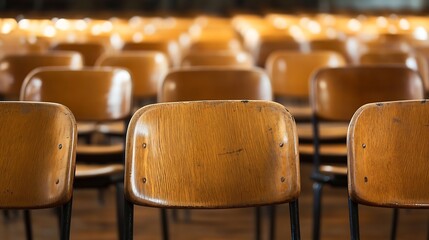 Leinwandbilder - Rows of Vintage Wooden Chairs in Empty Classroom Setting Ready for Learning : Generative AI