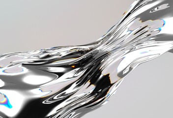 Poster - Shiny, metallic silver fluid twists dynamically against a light background, highlighting movement, reflection, and modern 3D abstract art with smooth, flowing curves.