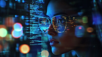 software, coding hologram and woman on tablet thinking of data analytics, digital technology and nig