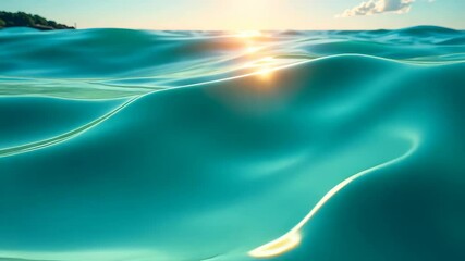 Wall Mural - Tranquil turquoise ocean waves gently roll beneath a golden sunset, creating a serene seascape.