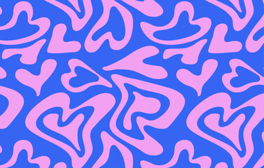 Poster - Psychedelic groovy trippy y2k retro seamless pattern in blue pink colors. Valentine's day holiday background texture liquid romantic heart shape. Vector illustration