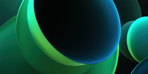 Wall Mural - 3d abstract wallpaper with layered spherical shapes on black background in green and blue hues